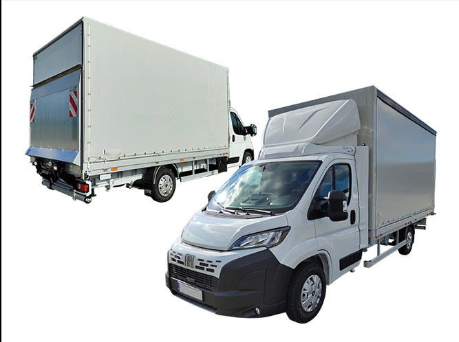 Dwa białe busy dostawcze na białym tle, jeden z windą załadowczą, drugi z podwyższoną kabiną, oba gotowe do transportu.