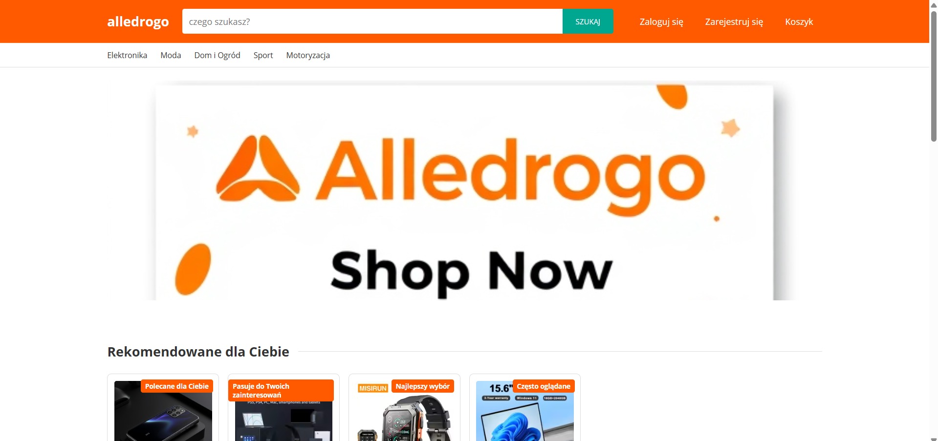 Strona internetowa e-commerce z logo 'Alledrogo', polem wyszukiwania, kategoriami produktów i sekcją 'Rekomendowane dla Ciebie'.