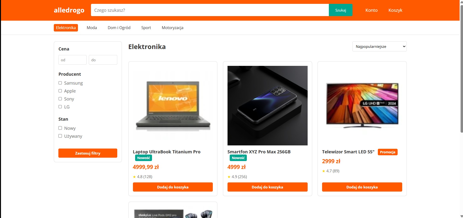 Ekran sklepu internetowego z elektroniką: laptop Lenovo, smartfon XYZ i telewizor LG na pomarańczowym tle. Widoczne filtry producentów i cen.