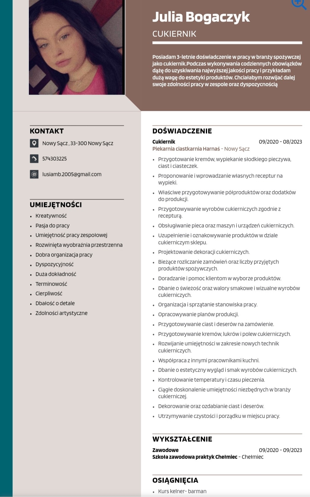 Portret kobiety z CV cukiernika, prezentujący jej doświadczenie, umiejętności i wykształcenie w branży. Układ graficzny z sekcjami kontaktowymi i opisem kwalifikacji.