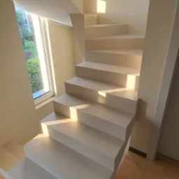 Nowoczesne, białe schody z subtelnym oświetleniem, prowadzące do góry. Drewniana podłoga i okno z widokiem na zieleń. Minimalistyczny design, ciepłe światło.