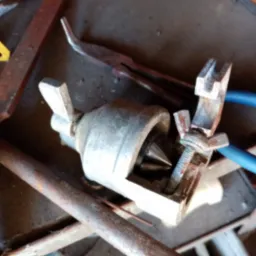 Warsztat ślusarski: narzędzia, w tym rozwiertak stożkowy, szczypce z niebieskimi uchwytami i pilnik z drewnianą rączką, ułożone na brudnym, metalowym stole.