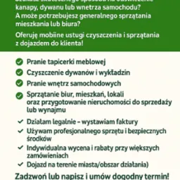 Ogłoszenie usług czyszczenia: pranie tapicerki, dywanów, wnętrz aut, sprzątanie biur i mieszkań z dojazdem. Kontakt: 889 083 743. Zadbaj o czystość bez stresu!