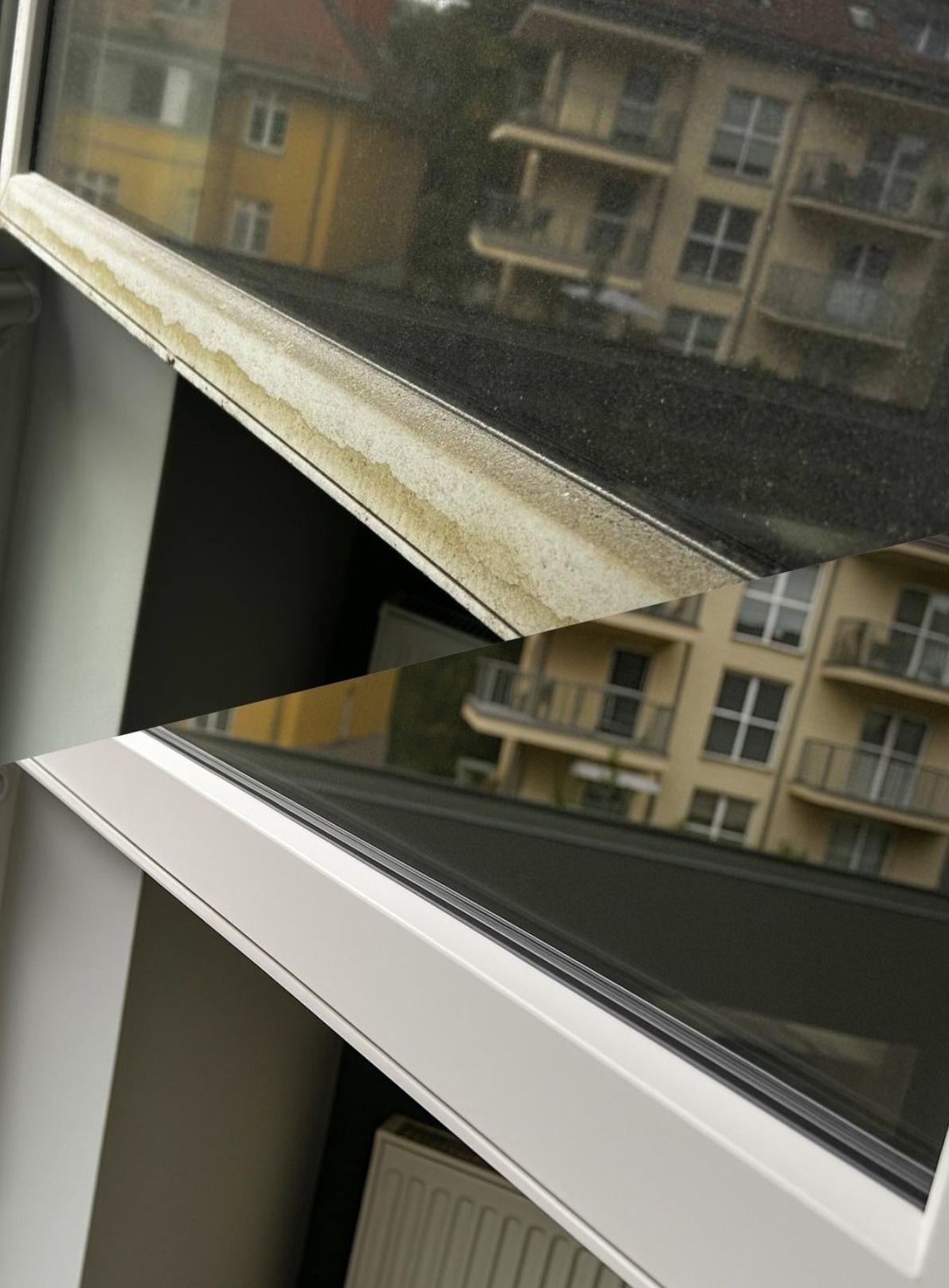 Okno przed i po umyciu, widoczne zabrudzenia na ramie i szybie w górnej części oraz czyste okno w dolnej części. W tle budynek mieszkalny.