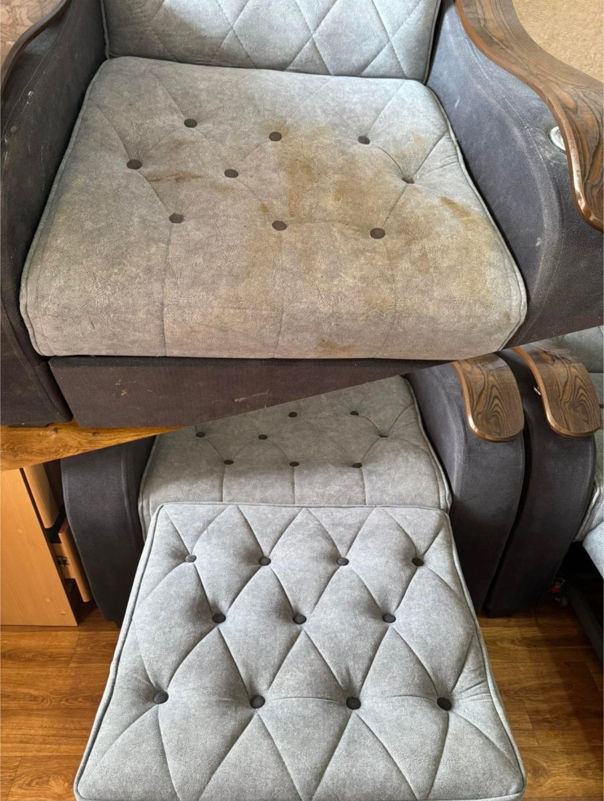 Kadr fotela z widocznymi plamami na siedzisku, zestawiony z czystym pufem w tym samym stylu. Widoczne drewniane podłokietniki i pikowane wykończenie.