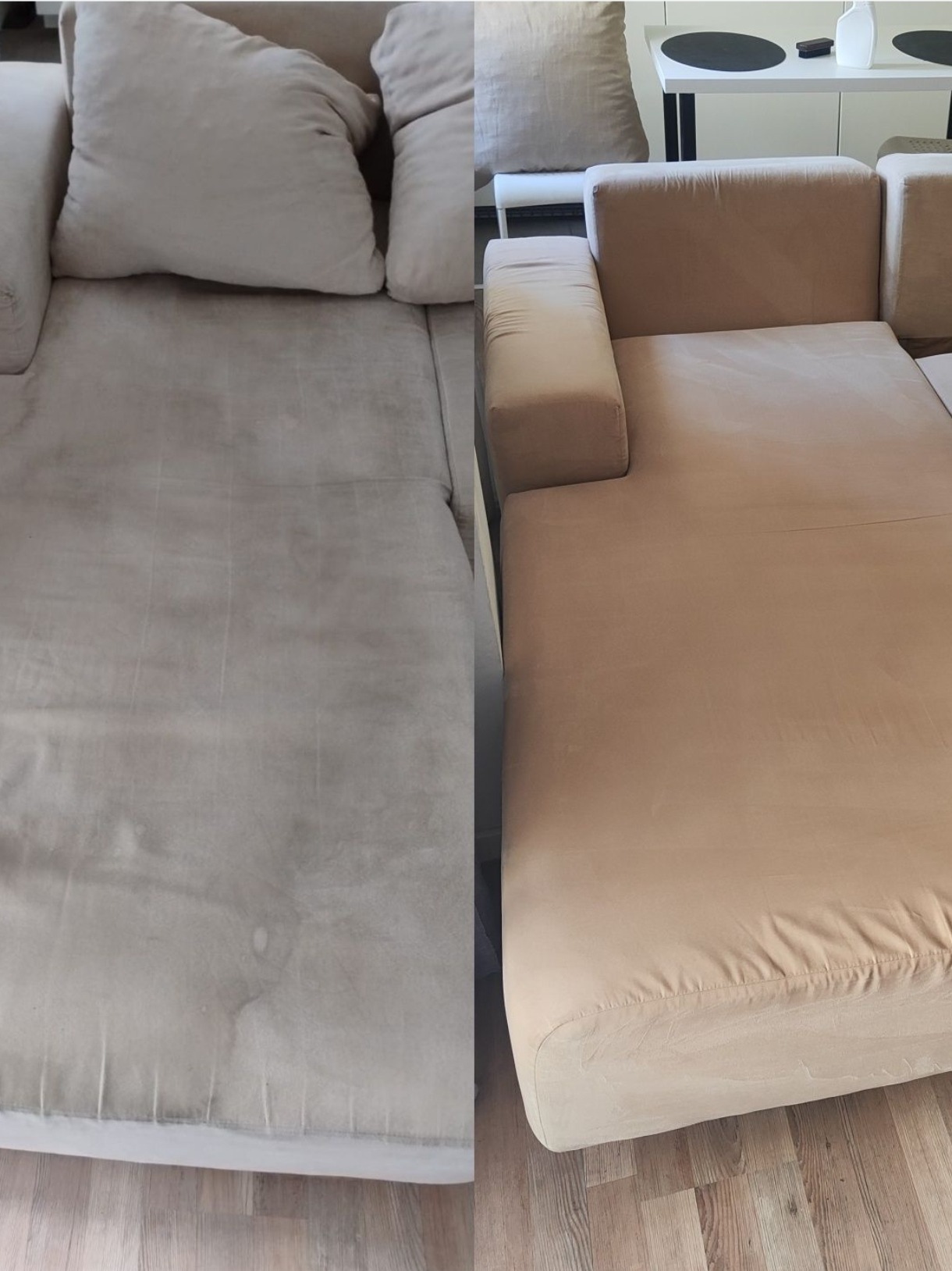 Sofa modułowa w odcieniach beżu: po lewej stronie widoczna wyraźnie zabrudzona, po prawej - świeżo wyczyszczona, prezentująca efekt prania tapicerki.