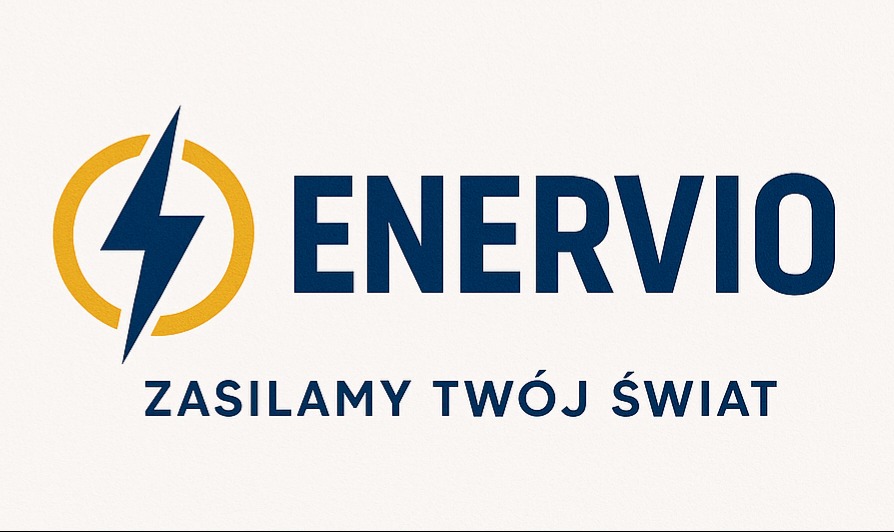 Logo firmy Enervio z symbolem błyskawicy w okręgu i hasłem 'Zasilamy Twój Świat' w kolorze granatowym na jasnym tle.
