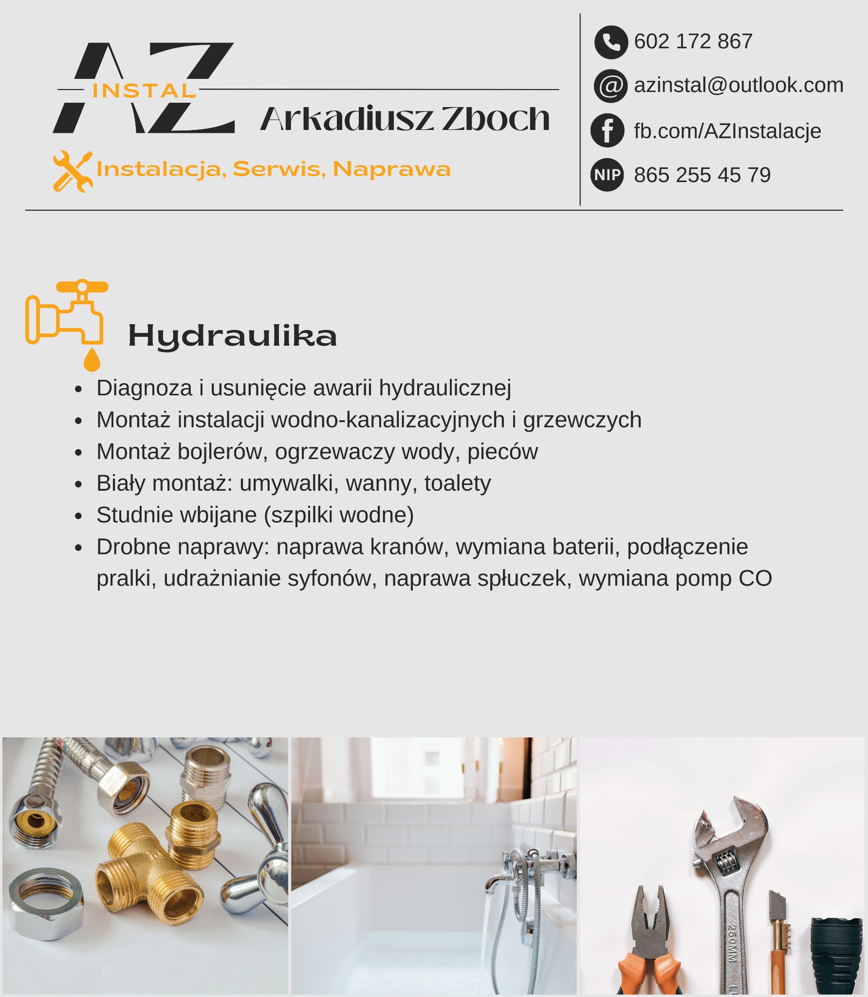 Hydraulika: złote złączki, bateria wannowa z wodą, klucz nastawny i kombinerki. Oferta firmy AZ Instal: instalacja, serwis, naprawa. Kontakt: telefon, email, Facebook.