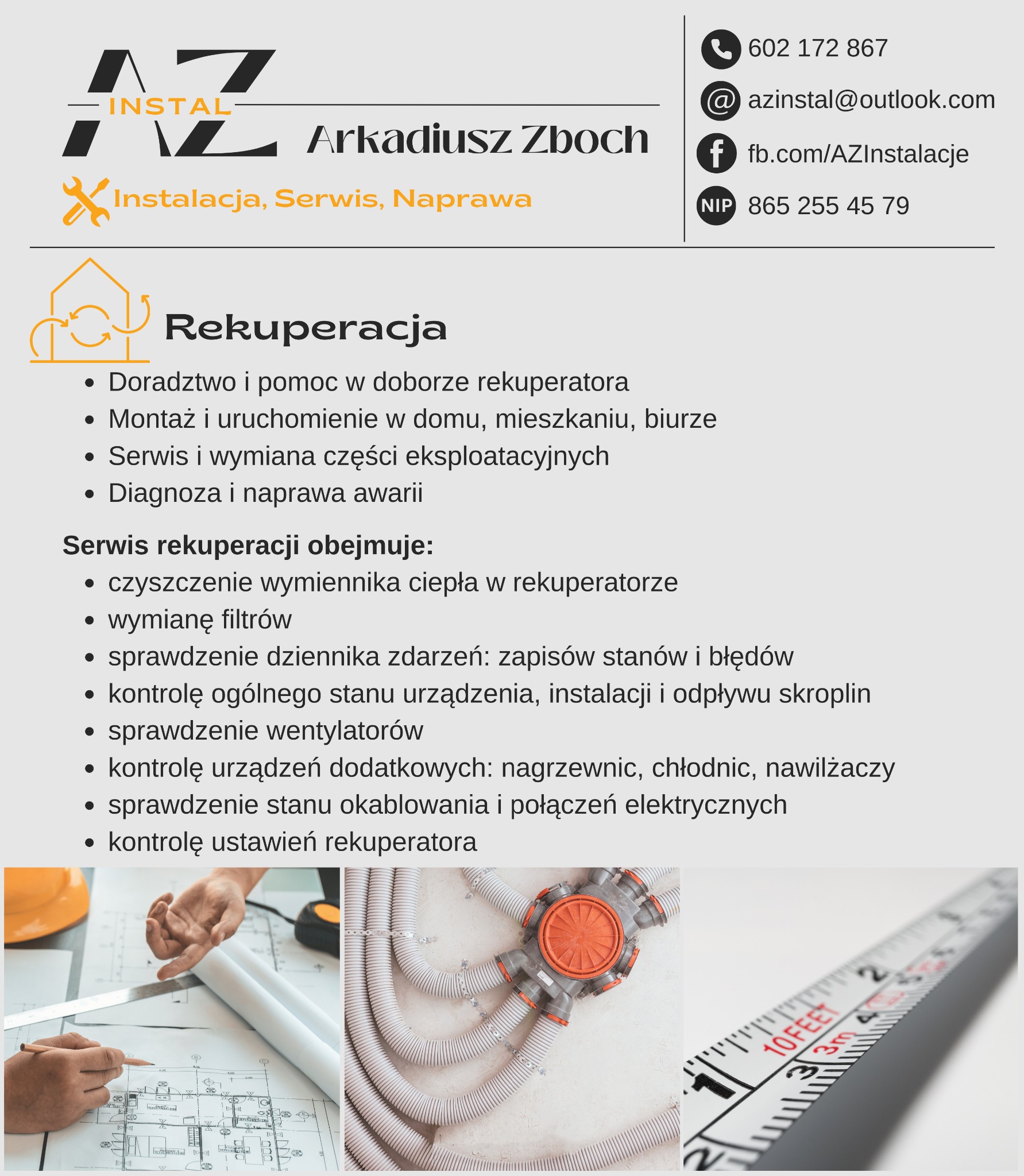 Rekuperacja: schemat instalacji, dłonie nad planami, pomiar. Usługi: doradztwo, montaż, serwis, naprawa, czyszczenie, kontrola. Kontakt: telefon, email, Facebook, NIP.
