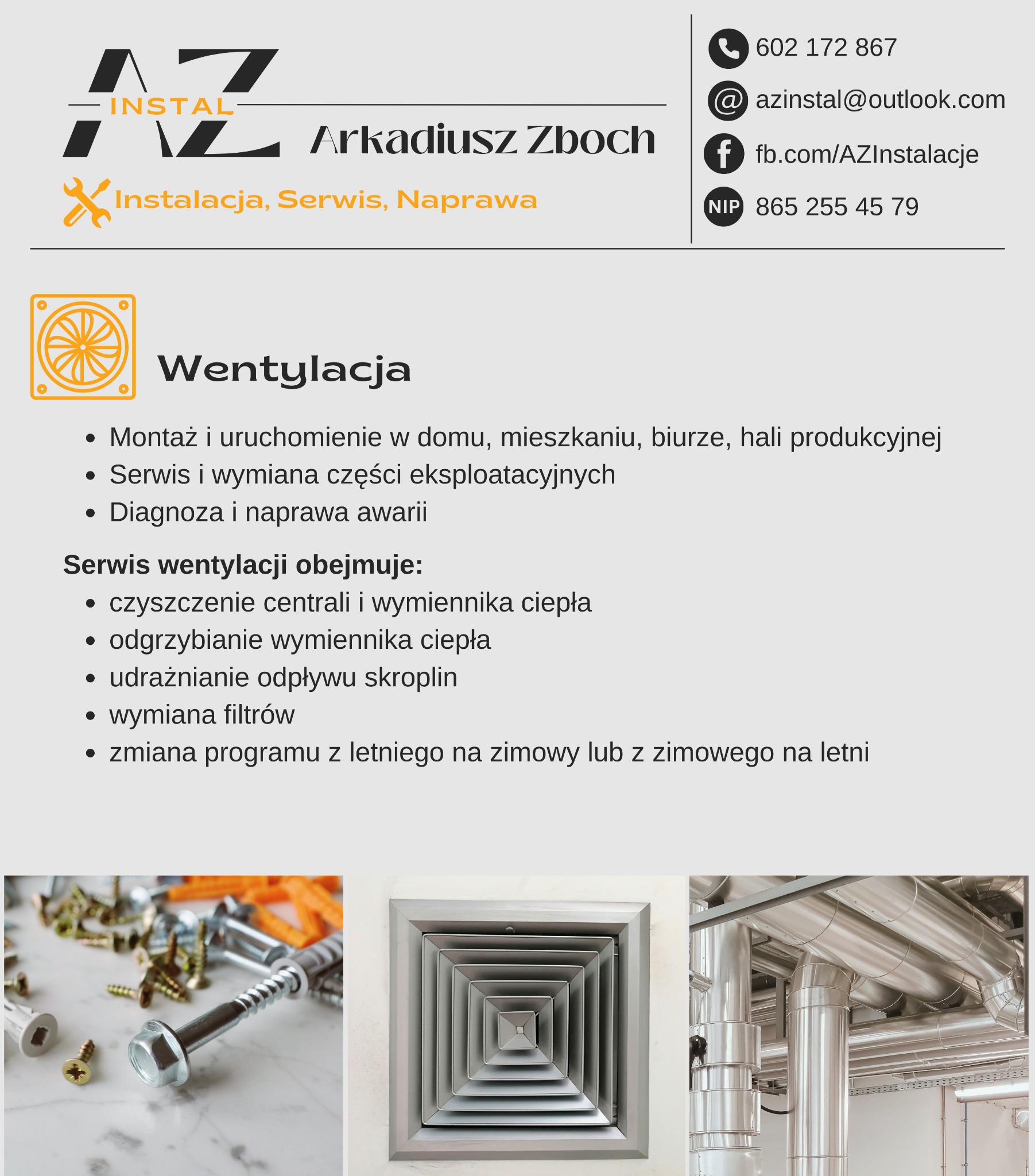 Wnętrze z kratką wentylacyjną w suficie, fragment instalacji z rur oraz akcesoria montażowe. Usługi: montaż, serwis, naprawa wentylacji.