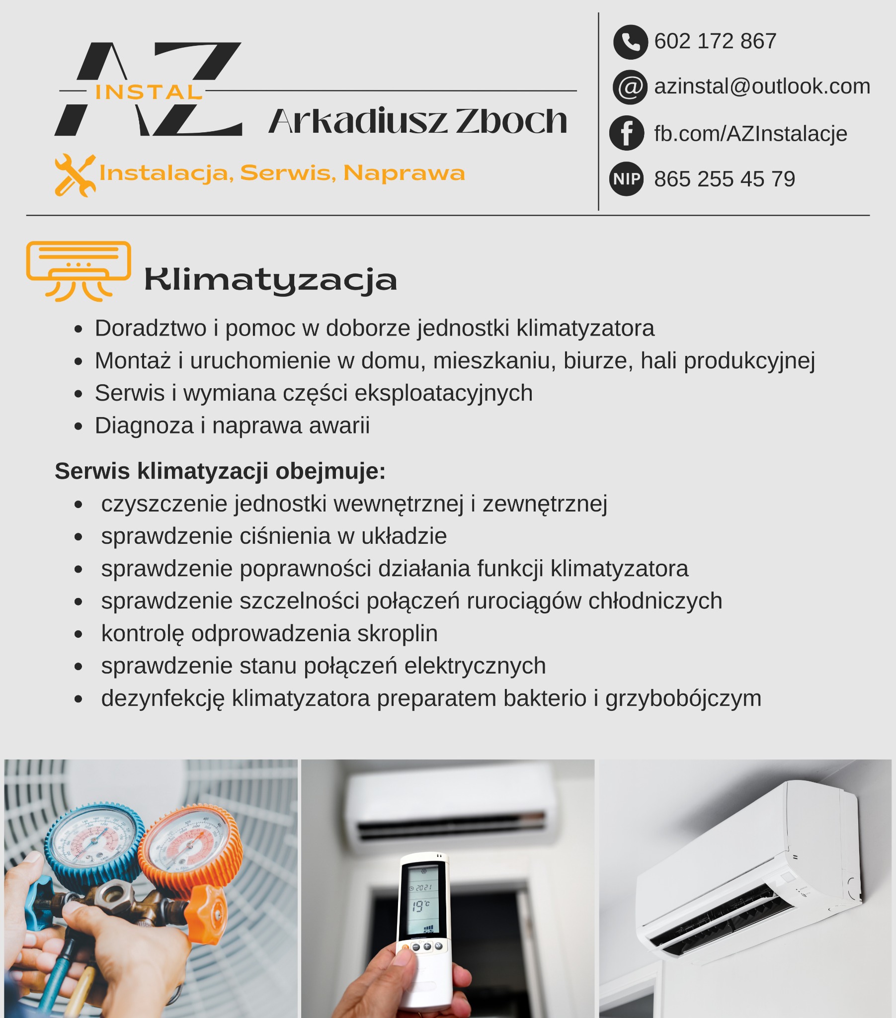 Grafika firmy AZ Instalacje: usługi klimatyzacji, montaż, serwis, naprawa. Dane kontaktowe: telefon, email, Facebook, NIP. Dolna część prezentuje zdjęcia z klimatyzatorami.