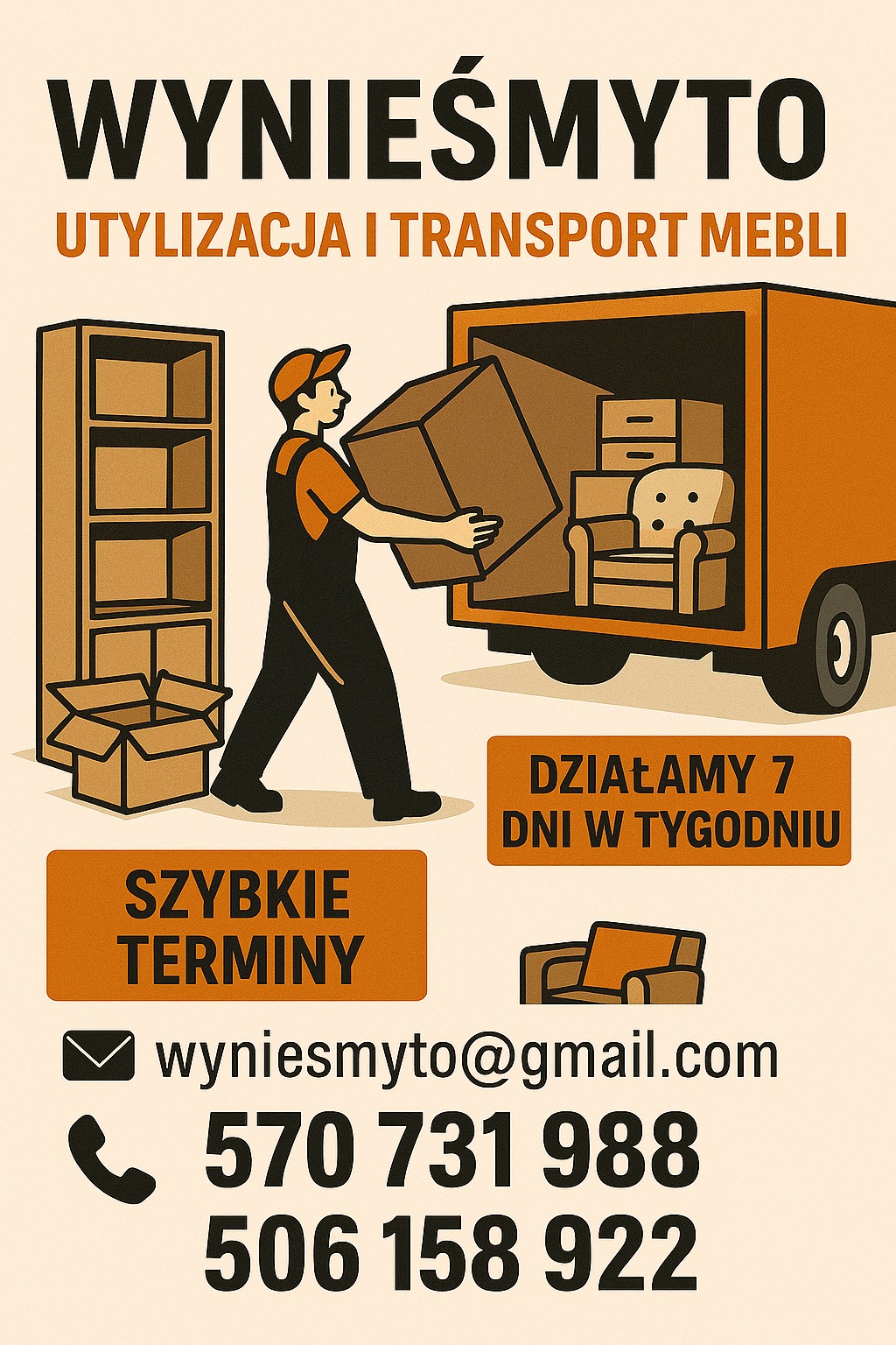Grafika: Utylizacja i transport mebli. Pracownik wnosi karton do pomarańczowej ciężarówki. Dostępność 7 dni w tygodniu, szybkie terminy, kontakt telefoniczny i mailowy.
