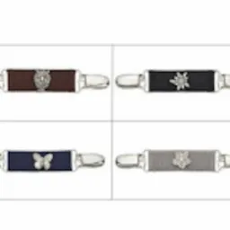 Kolekcja ozdobnych, metalowych sprzączek do podwiązek damskich w czterech wariantach kolorystycznych i z różnymi motywami dekoracyjnymi.