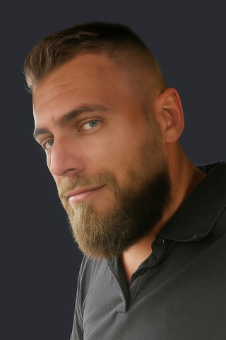 Portret brodatego mężczyzny z krótkimi włosami w szarej koszulce polo na ciemnym tle. Mężczyzna patrzy w lewo z lekkim uśmiechem.