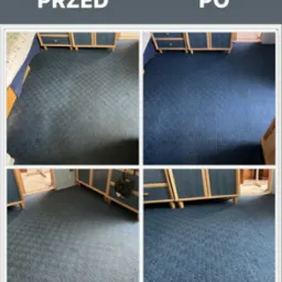 Zdjęcie dywanu w odcieniach niebieskiego, prezentujące stan przed i po czyszczeniu. Widoczne meble w tle. Układ kompozycyjny z podziałem na cztery kadry.