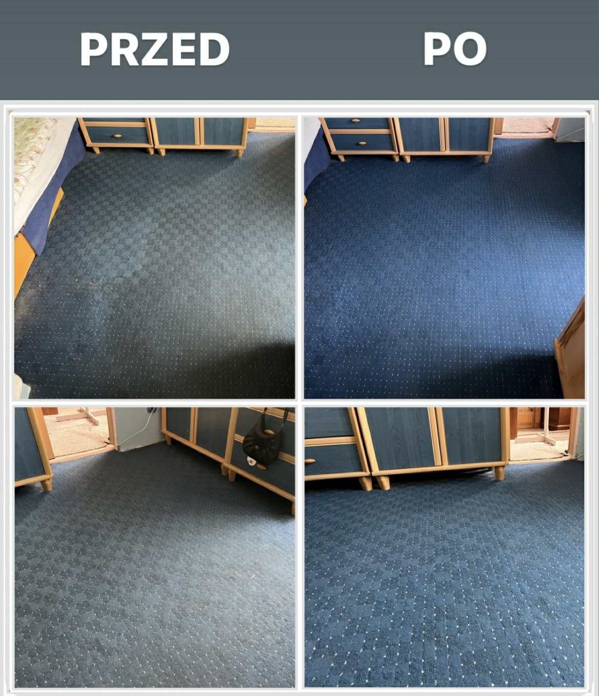 Zdjęcie dywanu w odcieniach niebieskiego, prezentujące stan przed i po czyszczeniu. Widoczne meble w tle. Układ kompozycyjny z podziałem na cztery kadry.