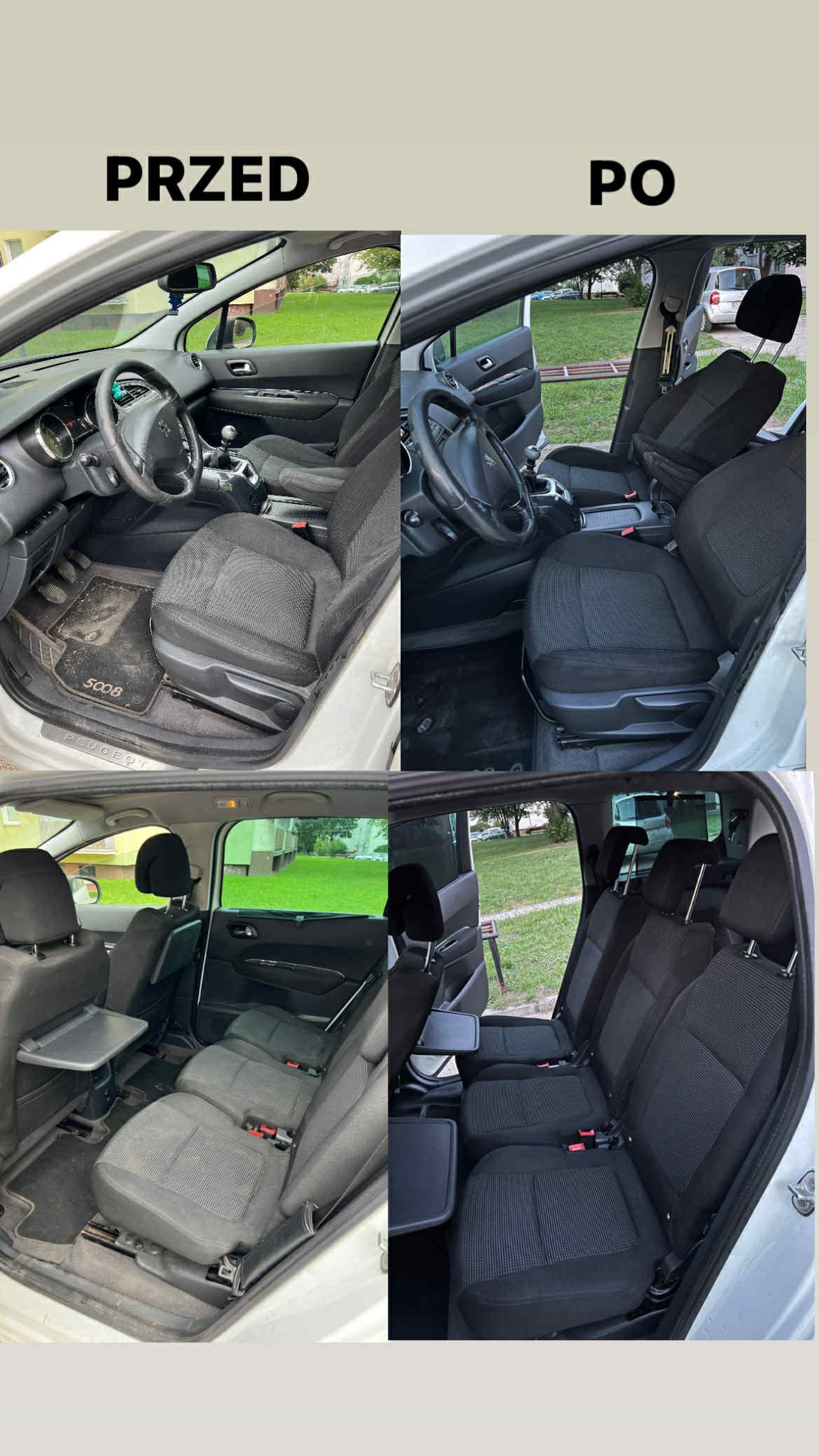 Peugeot 5008: tapicerka przed i po czyszczeniu. Widoczne różnice w czystości foteli, dywaników i ogólnym wyglądzie wnętrza pojazdu.