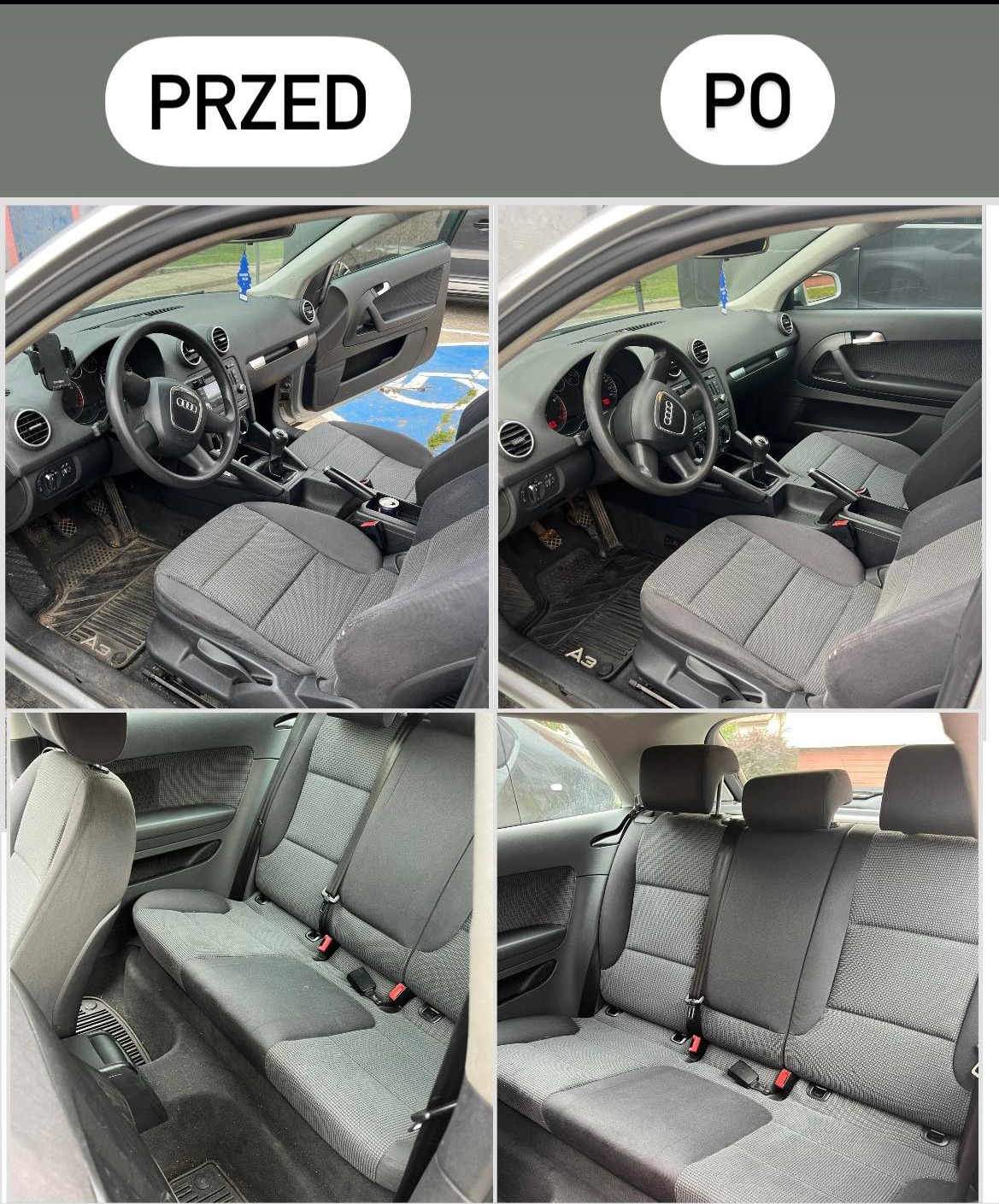 Auto Audi A3: widok wnętrza przed i po czyszczeniu tapicerki. Fotele i podłoga odświeżone, widoczna różnica w czystości. Detailing wnętrza.