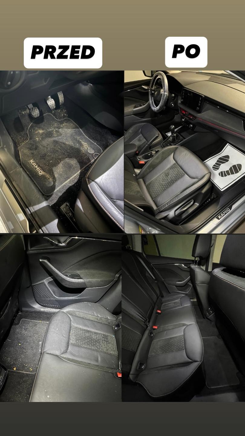 Auto marki Skoda Kamiq przed i po czyszczeniu tapicerki samochodowej. Usługa wykonana w Nysie. Widoczne fotele, dywaniki i elementy wnętrza.