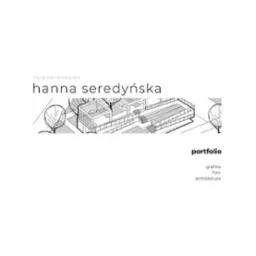 Portfolio Hanna Seredyńska: grafika, film, architektura. Czarno-biały rysunek perspektywiczny budynku z drzewami, minimalistyczny układ.