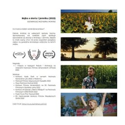 Hanna Seredyńska - Plakat filmu 'Bajka o słoniu i jamniku' (2022) z kadrami: kobieta w słonecznikach, jezioro, mężczyzna w kwiecistej koszuli, kobieta z podniesionymi rękami.