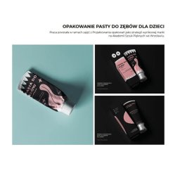 Hanna Seredyńska - Projekt opakowania pasty do zębów dla dzieci, z czarną tubką i pudełkiem z grafiką. Układ prezentuje produkt na turkusowym tle oraz w dwóch ujęciach na czarnym tle.