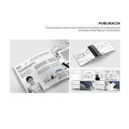 Hanna Seredyńska - Otwarta publikacja z ilustracjami i zdjęciami architektury, obok zamknięta wersja z czarnym paskiem. Projekt z zajęć na ASP we Wrocławiu.