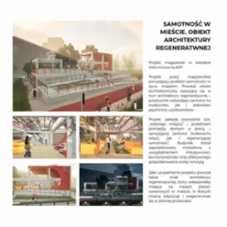 Wizualizacja projektu architektonicznego: budynek wkomponowany w miejski krajobraz, z elementami zieleni i przestrzeniami wspólnymi, promujący architekturę regeneratywną.