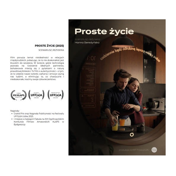 Plakat filmu 'Proste Życie' w odcieniach brązu, prezentujący parę w kuchni. Film z Wrocławia o poszukiwaniu autentyczności w relacjach międzyludzkich.