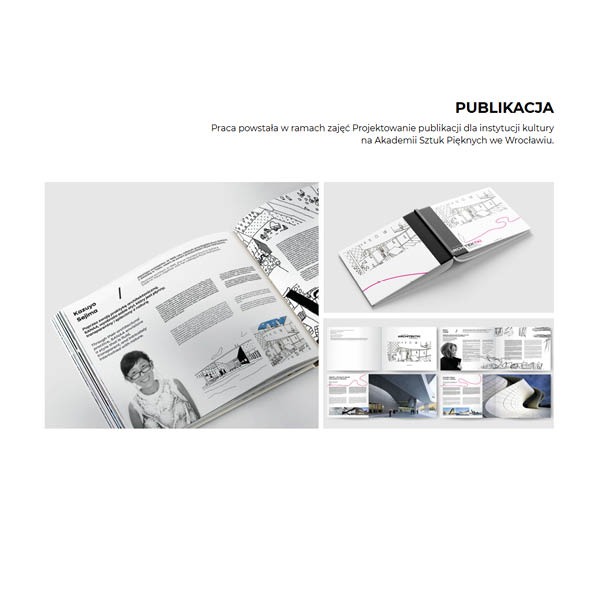 Otwarta publikacja z ilustracjami i zdjęciami architektury, obok zamknięta wersja z czarnym paskiem. Projekt z zajęć na ASP we Wrocławiu.