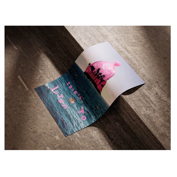 Rozłożona broszura z grafiką przedstawiającą ocean i plażę z palmami, nad którą unosi się różowy worek na śmieci. Broszura leży na betonowej powierzchni w cieniu.