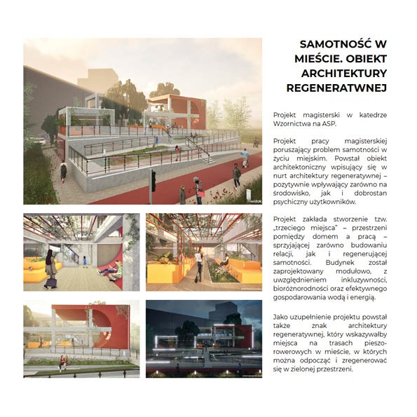 Wizualizacja projektu architektonicznego: budynek wkomponowany w miejski krajobraz, z elementami zieleni i przestrzeniami wspólnymi, promujący architekturę regeneratywną.