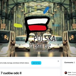 Błażej Banyś - Kadr z filmu: logo w barwach Polski na tle mostu i samochodów. Napis: Polska Pięknieje, 7 cudów funduszy europejskich. Dynamiczne ujęcie z ruchu.