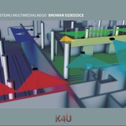 Błażej Banyś - Graficzna wizualizacja projektu systemu multimedialnego dla Browaru Dziedzice. Kolorowe stożki oznaczają zasięg systemów.