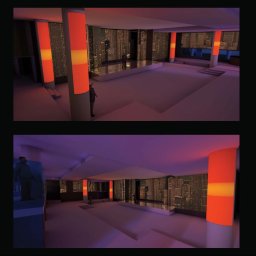 Błażej Banyś - Dwa ujęcia wnętrza z kolumnami oświetlonymi na pomarańczowo, widok na nocną panoramę miasta za oknami. Minimalistyczny wystrój, postacie w tle.