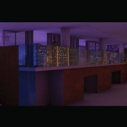 Błażej Banyś - Wnętrze z antresolą i balustradą z motywem miasta nocą, oświetlone fioletowym światłem. Widoczne schody i filary. Realistyczna wizualizacja architektoniczna.