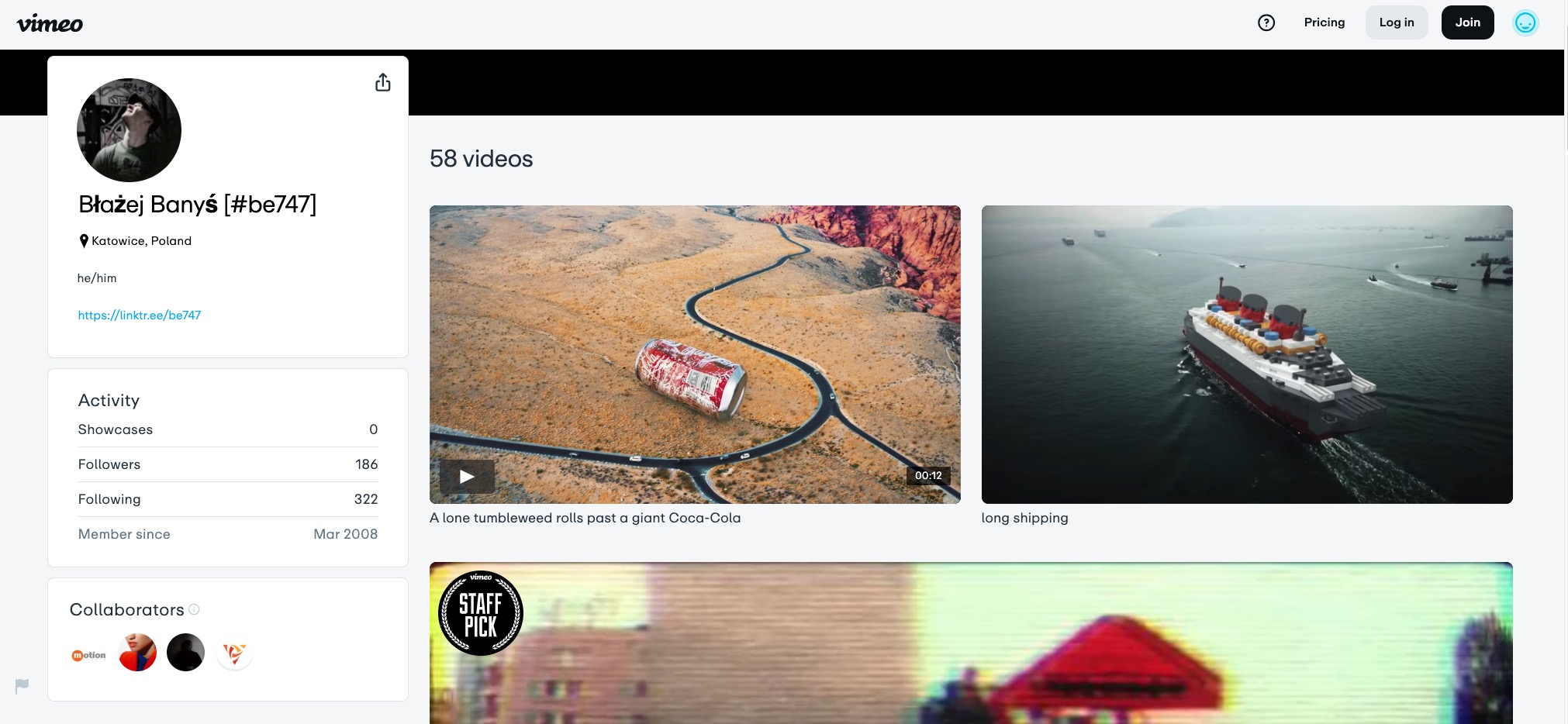 Profil użytkownika Błażej Banyś [#be747] na Vimeo. Prezentacja portfolio z miniaturami filmów, w tym animacji z puszką Coca-Coli i statkiem. Widoczne statystyki profilu.