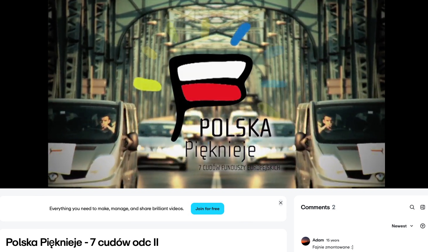 Kadr z filmu: logo w barwach Polski na tle mostu i samochodów. Napis: Polska Pięknieje, 7 cudów funduszy europejskich. Dynamiczne ujęcie z ruchu.