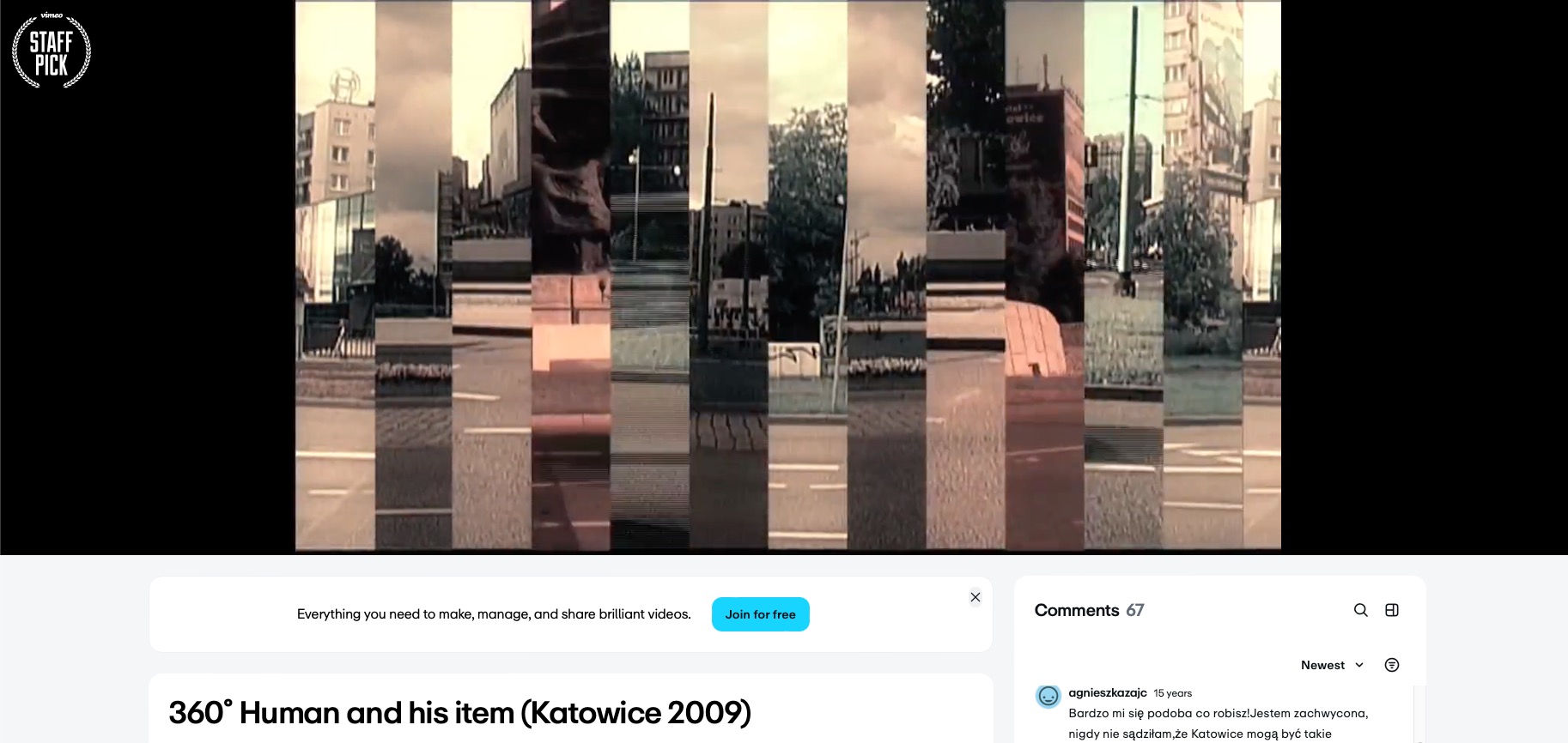 Abstrakcyjna wizja Katowic w formie kolażu pionowych pasków, ukazująca architekturę miejską i ulice z perspektywy 360 stopni. Stonowana kolorystyka, efekt vintage.