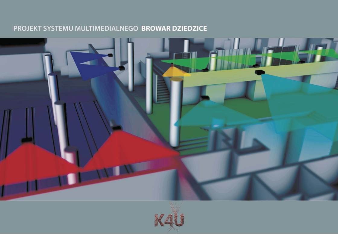 Graficzna wizualizacja projektu systemu multimedialnego dla Browaru Dziedzice. Kolorowe stożki oznaczają zasięg systemów.