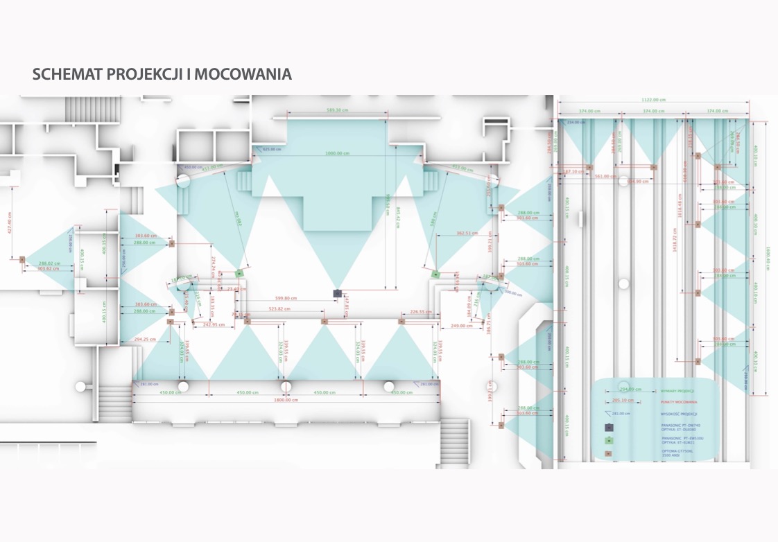 Schemat projekcji i mocowania instalacji w budynku. Plan z góry z naniesionymi wymiarami i rozmieszczeniem elementów. Wizualizacja techniczna.