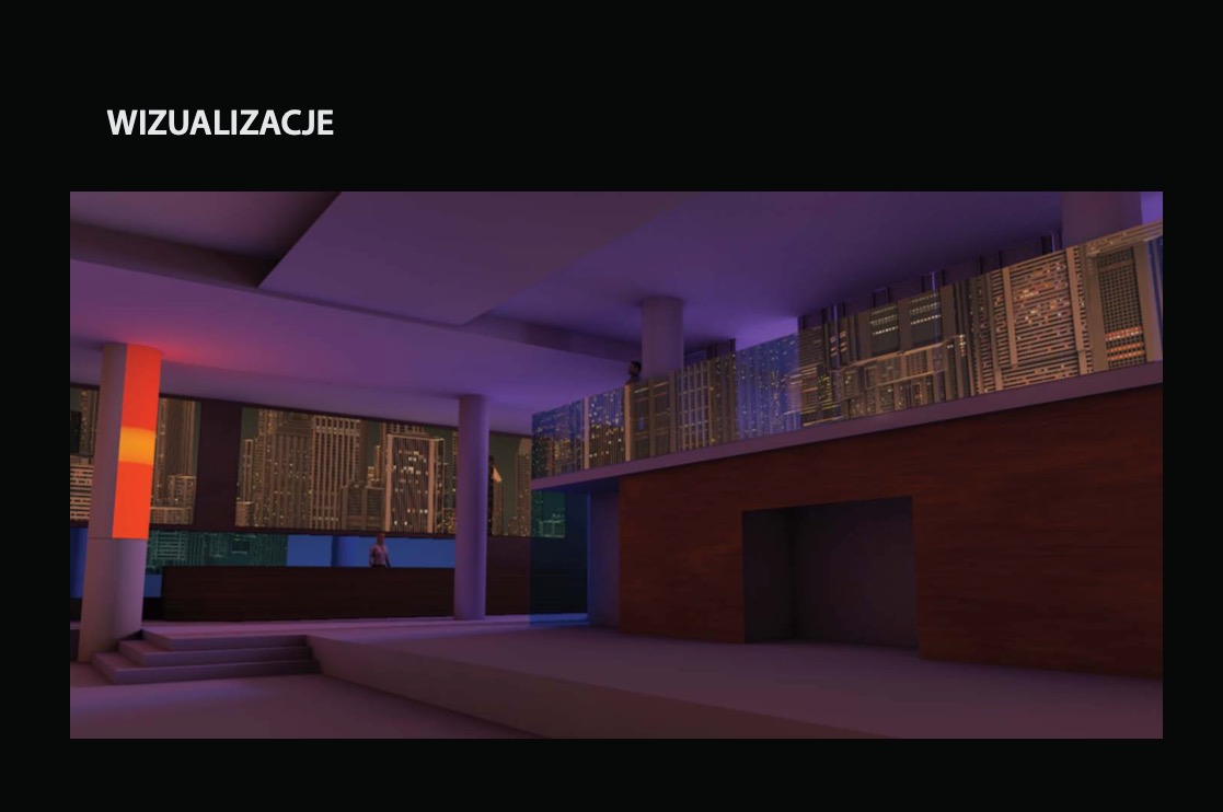 Wizualizacja wnętrza lokalu z widokiem na miasto nocą. Widoczne schody, kolumny i drewniane elementy wykończenia. Całość utrzymana w fioletowo-pomarańczowej kolorystyce.