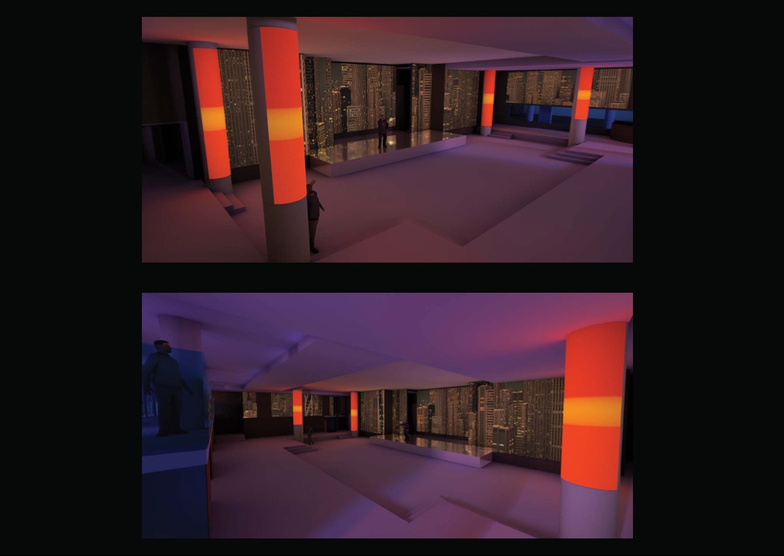 Dwa ujęcia wnętrza z kolumnami oświetlonymi na pomarańczowo, widok na nocną panoramę miasta za oknami. Minimalistyczny wystrój, postacie w tle.