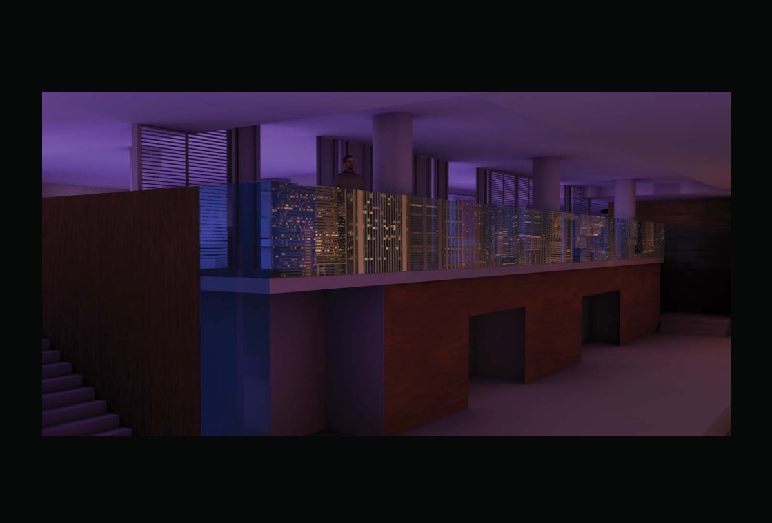 Wnętrze z antresolą i balustradą z motywem miasta nocą, oświetlone fioletowym światłem. Widoczne schody i filary. Realistyczna wizualizacja architektoniczna.