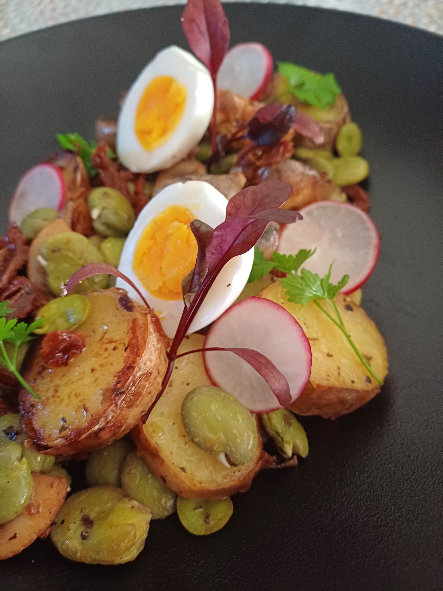 Apetyczna sałatka na ciemnym talerzu: ziemniaki, fasolka, rzodkiewki i połówki jajka. Całość udekorowana świeżymi ziołami. Idealna propozycja na catering.