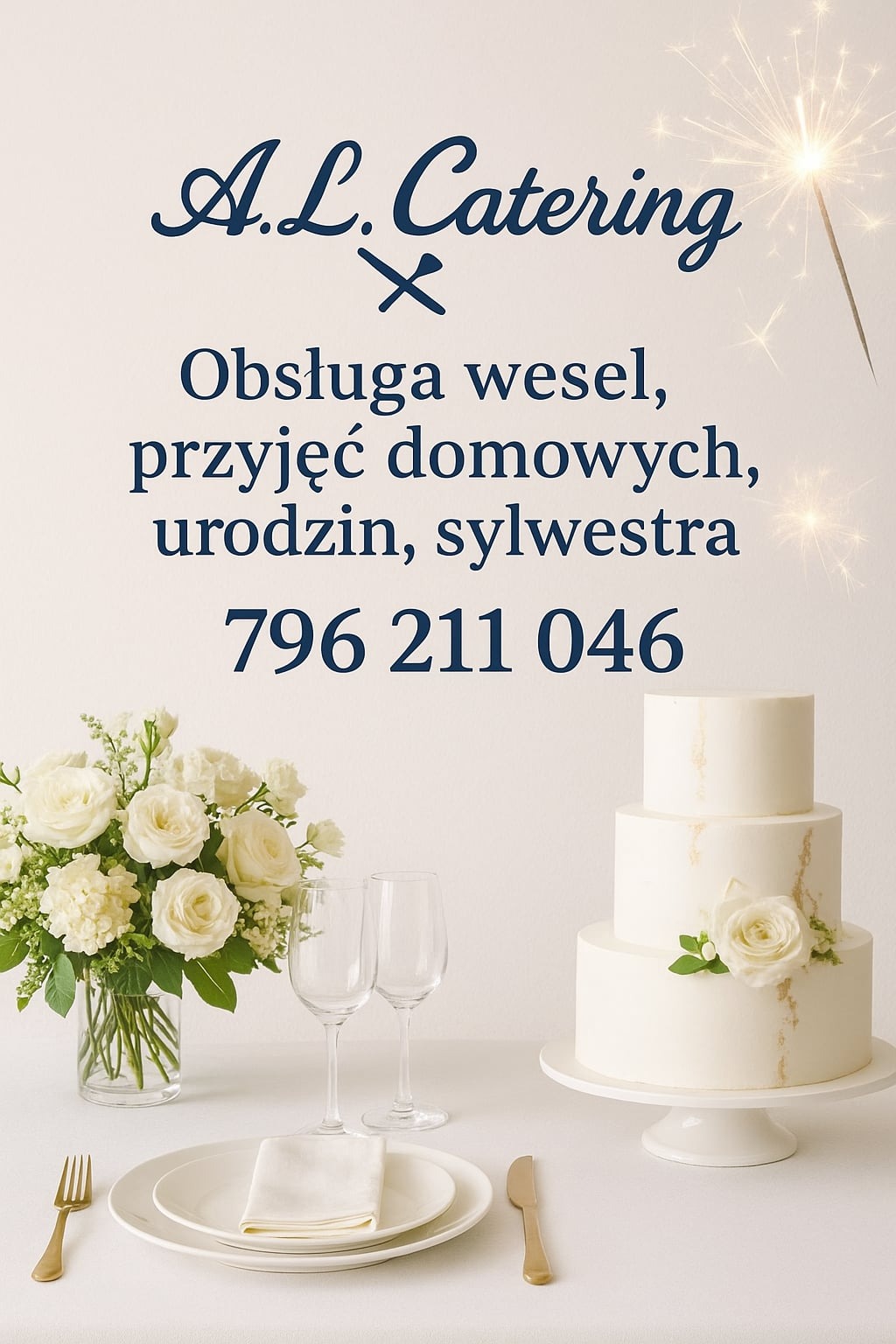 Elegancki stół z tortem, kwiatami i zastawą, oferta A.L. Catering na wesela, przyjęcia domowe, urodziny i Sylwestra, iskrzące się zimne ognie w tle.