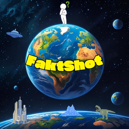 Grafika z planetą Ziemią w kosmosie, z elementami science fiction: UFO, dinozaur, futurystyczne budynki. Na planecie widnieje napis 'Faktshot'.