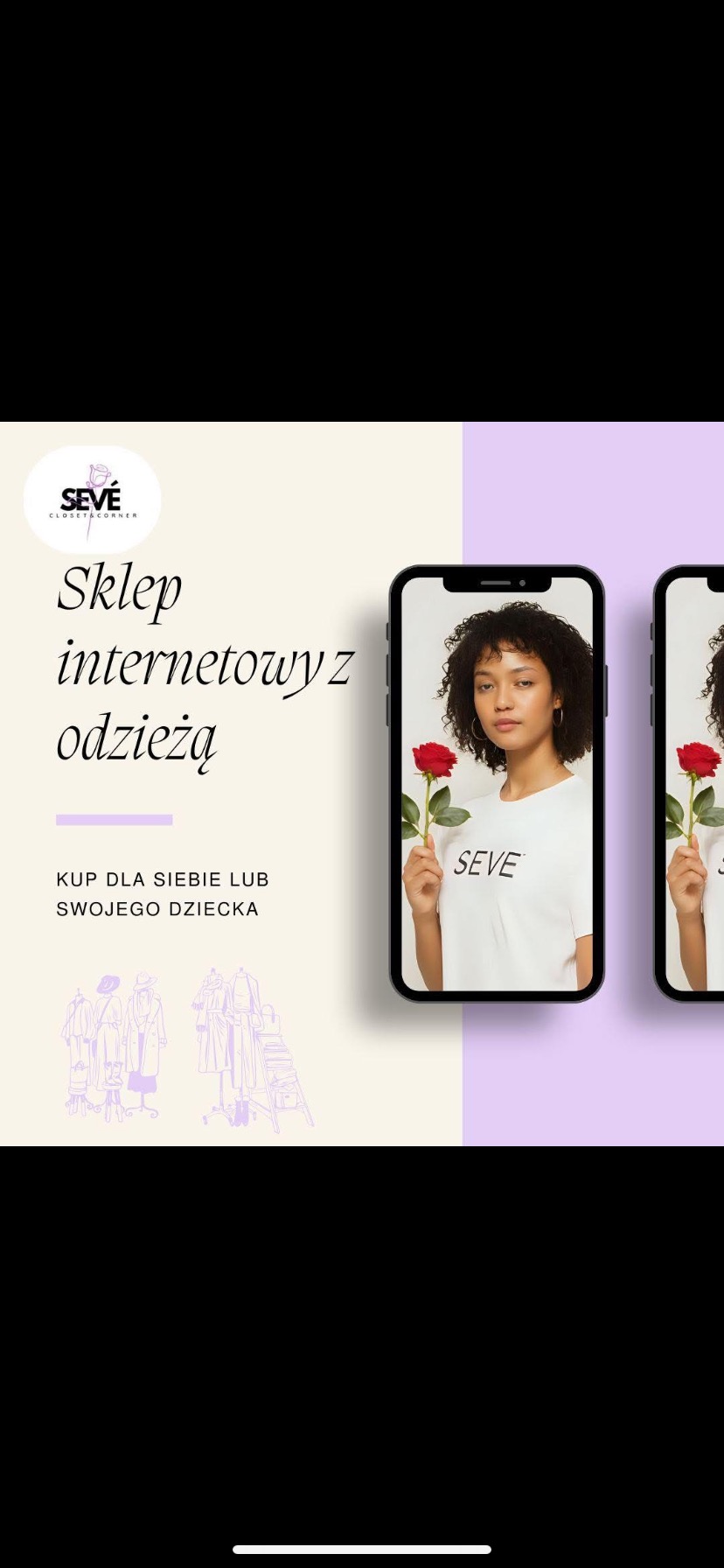 Grafika reklamowa sklepu internetowego z odzieżą, prezentująca modelkę z różą na ekranie smartfona. Minimalistyczny design z pastelowymi kolorami i szkicami ubrań.