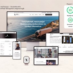 ScaleStudio - Responsywna strona SIMM Group na różnych urządzeniach: monitor, tablet, smartfon, zegarek. Prezentacja projektu strony internetowej dla firmy transportowej.