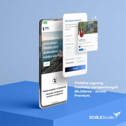 ScaleStudio - Prezentacja mobilnej strony internetowej SIMM Group na smartfonie, z formularzem wyceny transportu i danymi kontaktowymi. Minimalistyczny design, niebieskie tło.